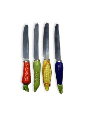 Colorful Vegetable Themed Vintage Stainless Steel Cheese Spreaders Set of 4